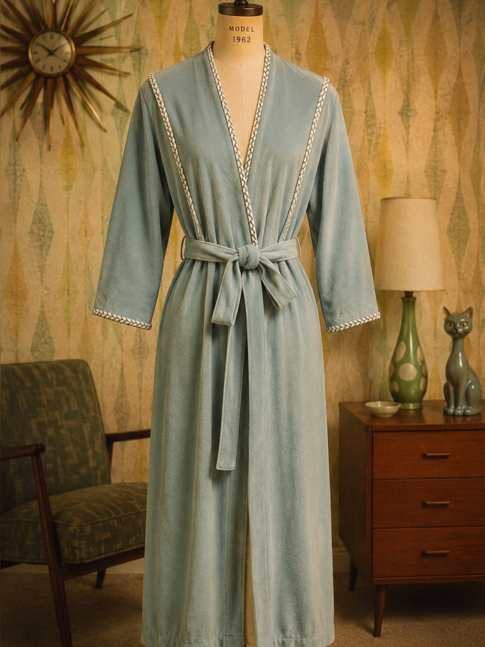 Vintage Vanity Fair Robe Turquoise Blue Braided Detail Size Small Floor Length